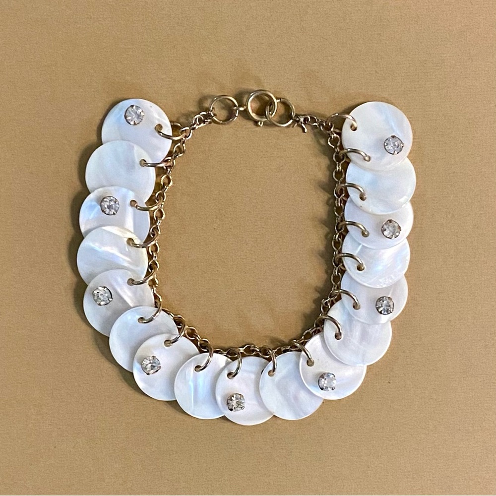 Vintage bracelet, mother of pearl dangling disks on chain